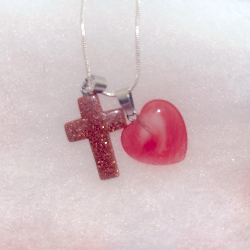 Boho hippie Goldstone Cross and Cherry Quartz Heart Silver 16” Neckla…